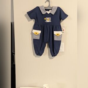 Navy Blue Baby Romper with Striped Collar. Chicken And Egg Graphics.